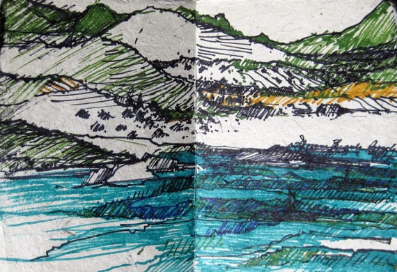 China & Tibet Sketchbook - cruising view on the Yangtze River